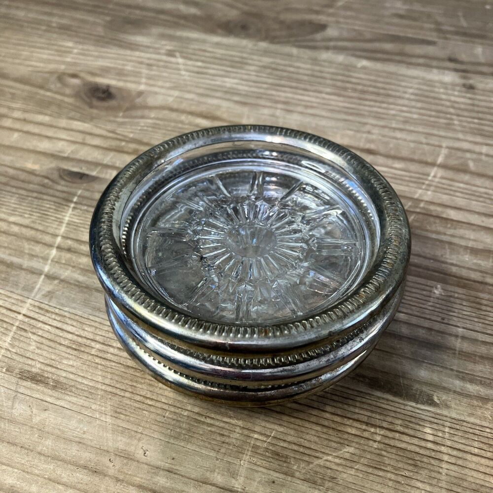Vintage Starburst Pressed Glass & Metal Plated Rim Coasters Ashtrays Set of 3